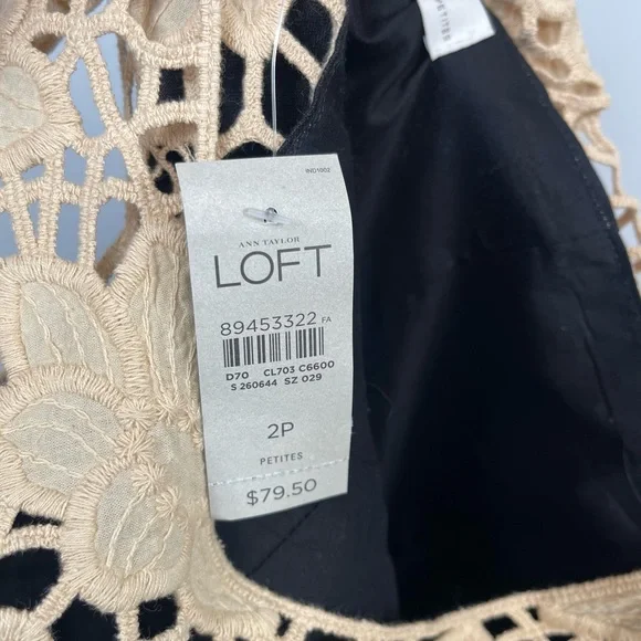 NWT LOFT Black Linen Shift Mini Dress Beige Crochet Lace Floral Neck Color Block - Picture 7 of 13
